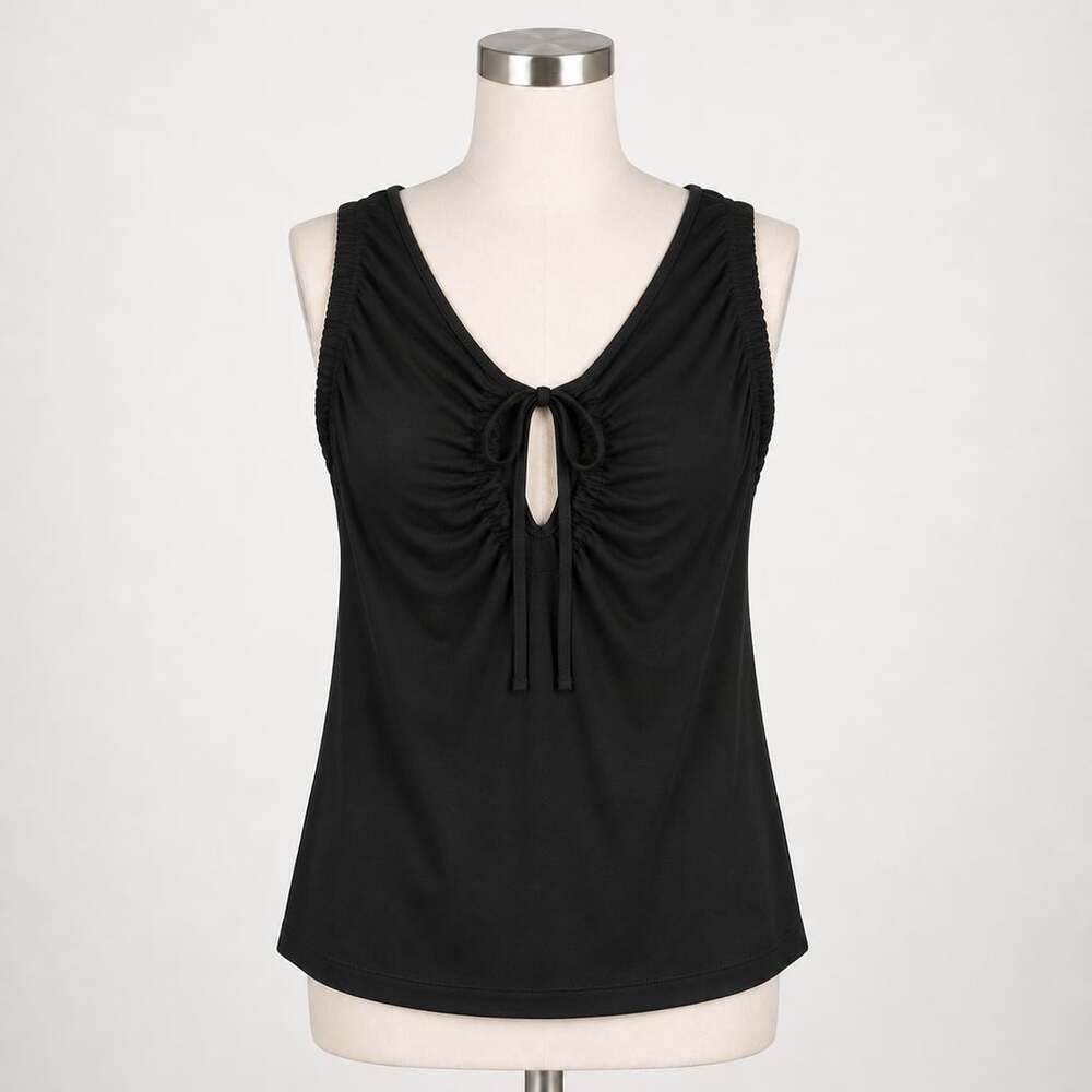 NWT LOFT Black Ruched Keyhole Tie Front Sleeveless Top XS Stretch Tank